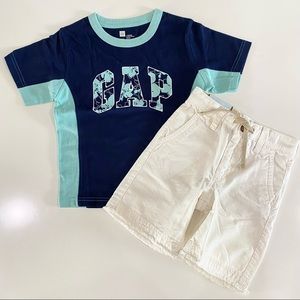 NWT Gap Boys Sz 4 Frayed Shorts Navy Logo Shirt Bundle Outfit Set 2 pc New